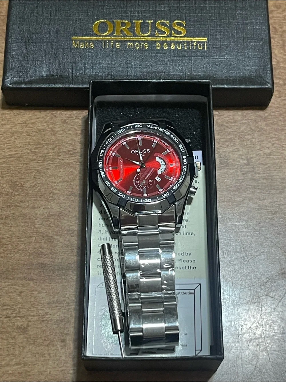 ORUSS Men's watch, authentic new model, large dial, calendar function, Red dial